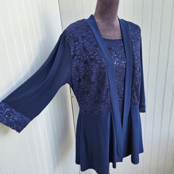 R&M Richards Women's Navy Blue Top  Sparkle Elegant Stretch 3/4 Sleeve Sz 14W - Picture 3 of 12